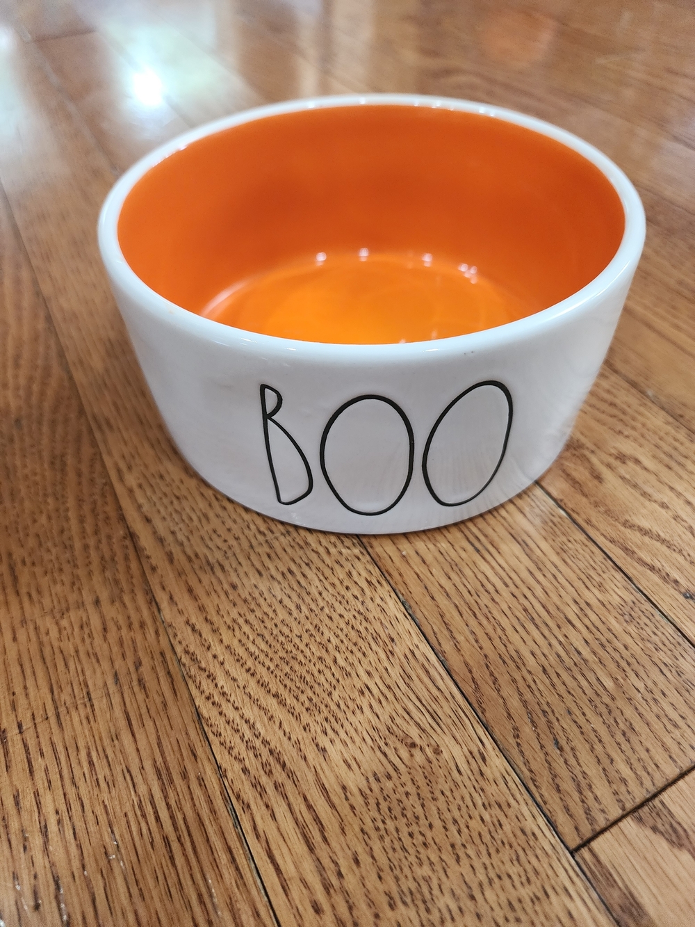 Rae Dunn White Ceramic Pet Bowl with Orange Interior - BOO Script